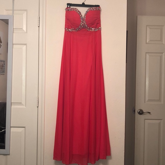 Strapless Coral Gown Dress with Sequined Bust - Picture 2 of 7